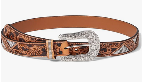 Angel Ranch Womens Leather Brown Belt White Floral Embroidery & Rhinestones, M