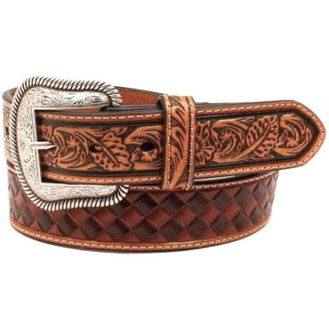 Ariat Mens Straight Floral Buckle Embossed Leather Belt