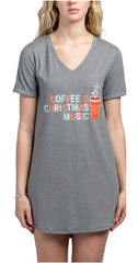 Hello Mello Womens Holiday V-Neck Sleep Shirt NO BAG, S/M Coffee Christmas Music