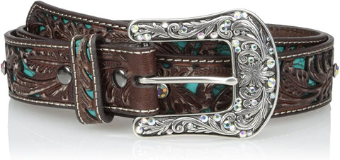 Angel Ranch Womens Leather Brown Belt White Floral Embroidery & Rhinestones, M