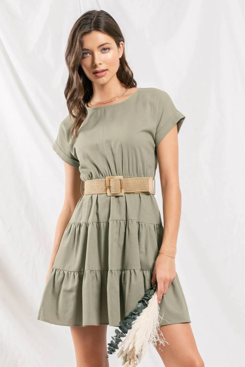 Blu Pepper Womens Back Button Belted Mini Dress Small / Light Olive Blu Pepper Womens Back Button Belted Mini Dress Small / Light Olive