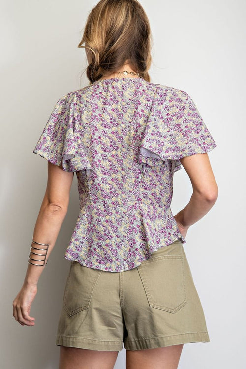 Easel Womens Floral Print Ruffled Short Sleeve Top