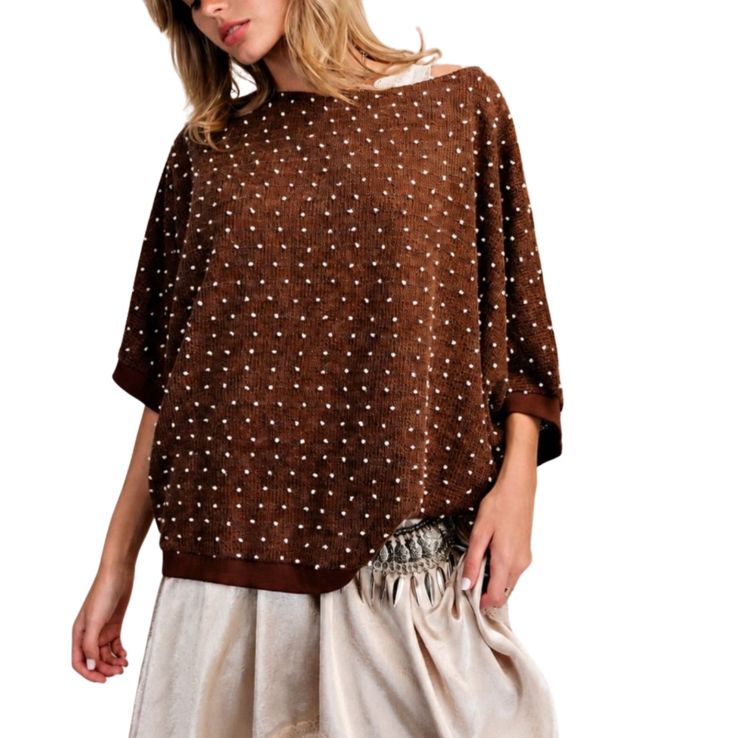 Easel Women's Oversized Polka Dot Hacci Knit Poncho Sweater, Brown