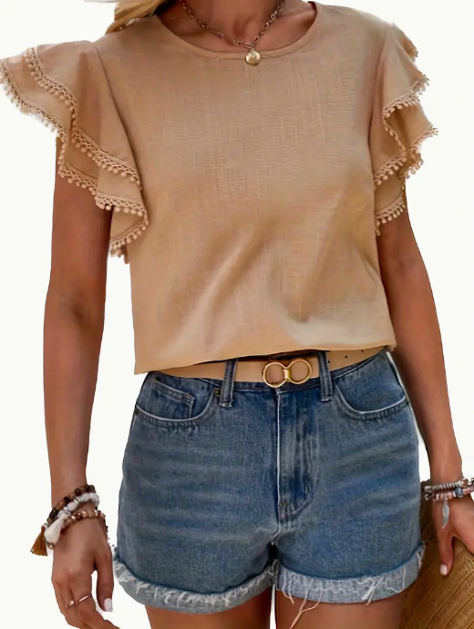 Ruffle Sleeve Women's Layered Blouse, Beige