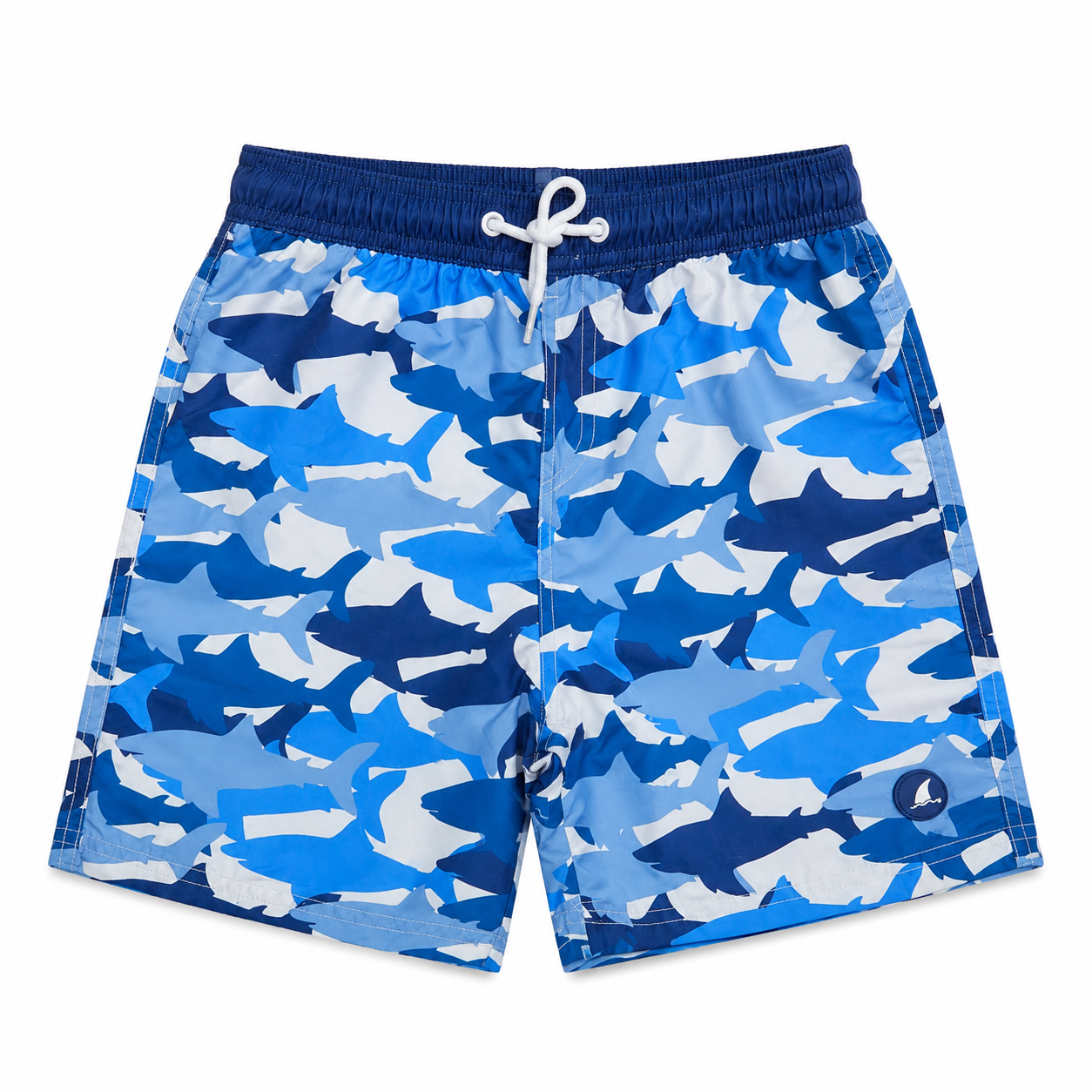 Heat Swimwear Boys Printed Tie Front Swim Trunk Board Shorts, Navy/White Sharks