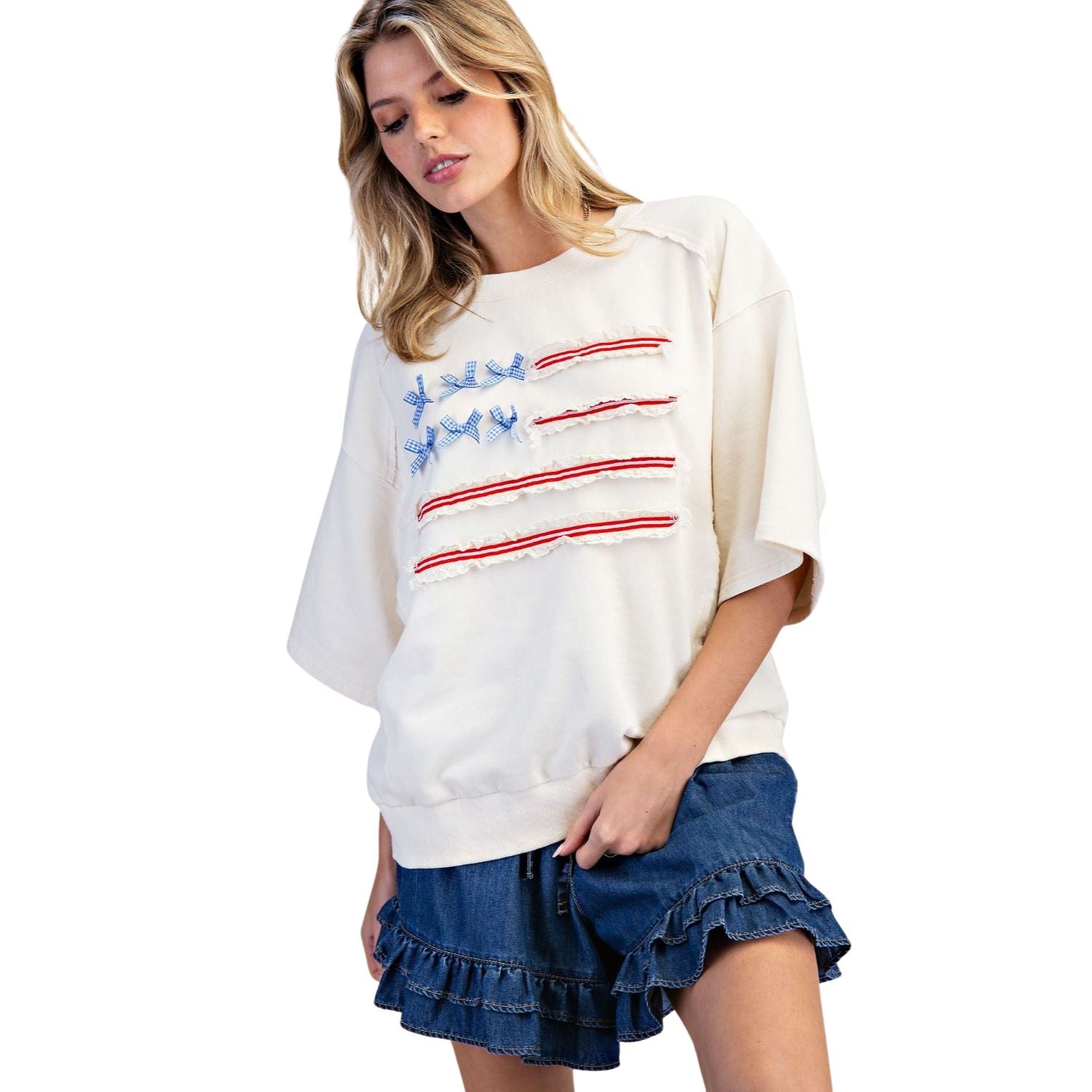 Easel Women American Flag Bow and Ruffle Washed Terry Oversized Shirt- Ivory
