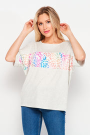 HoneyMe Womens Animal Print Rolled Short Sleeve Top