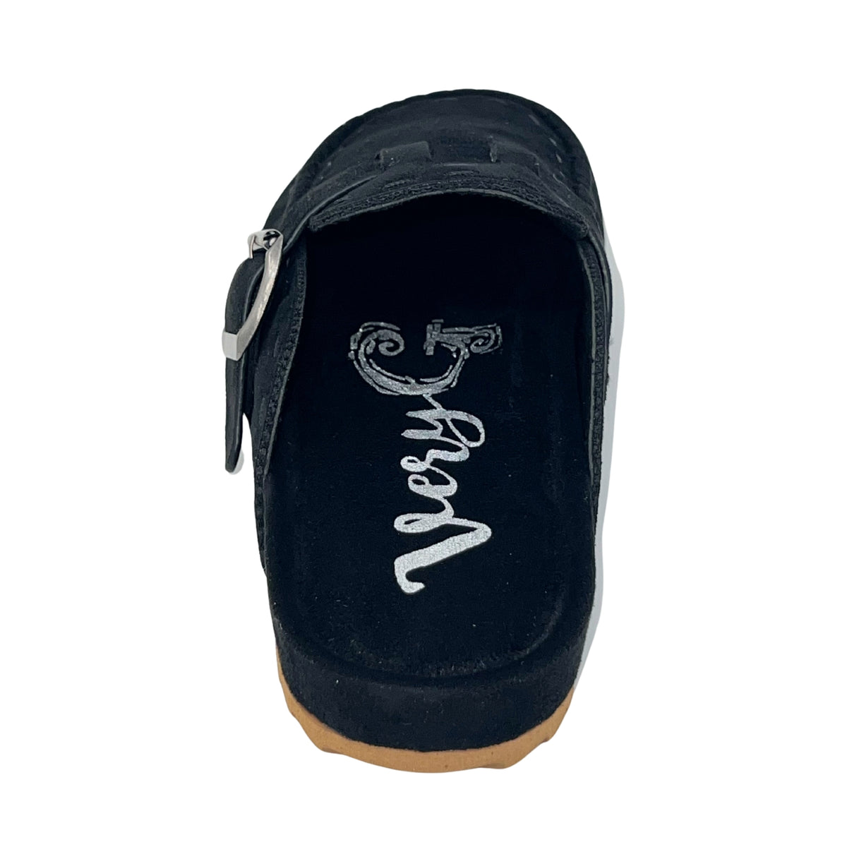 Very G Bella Women's Suede Mule Clog with Buckle Strap, Black