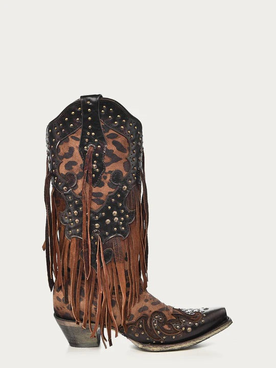Corral Boots Womens Leopard Print with Fringe and Studs Snip Toe Cowboy Boots