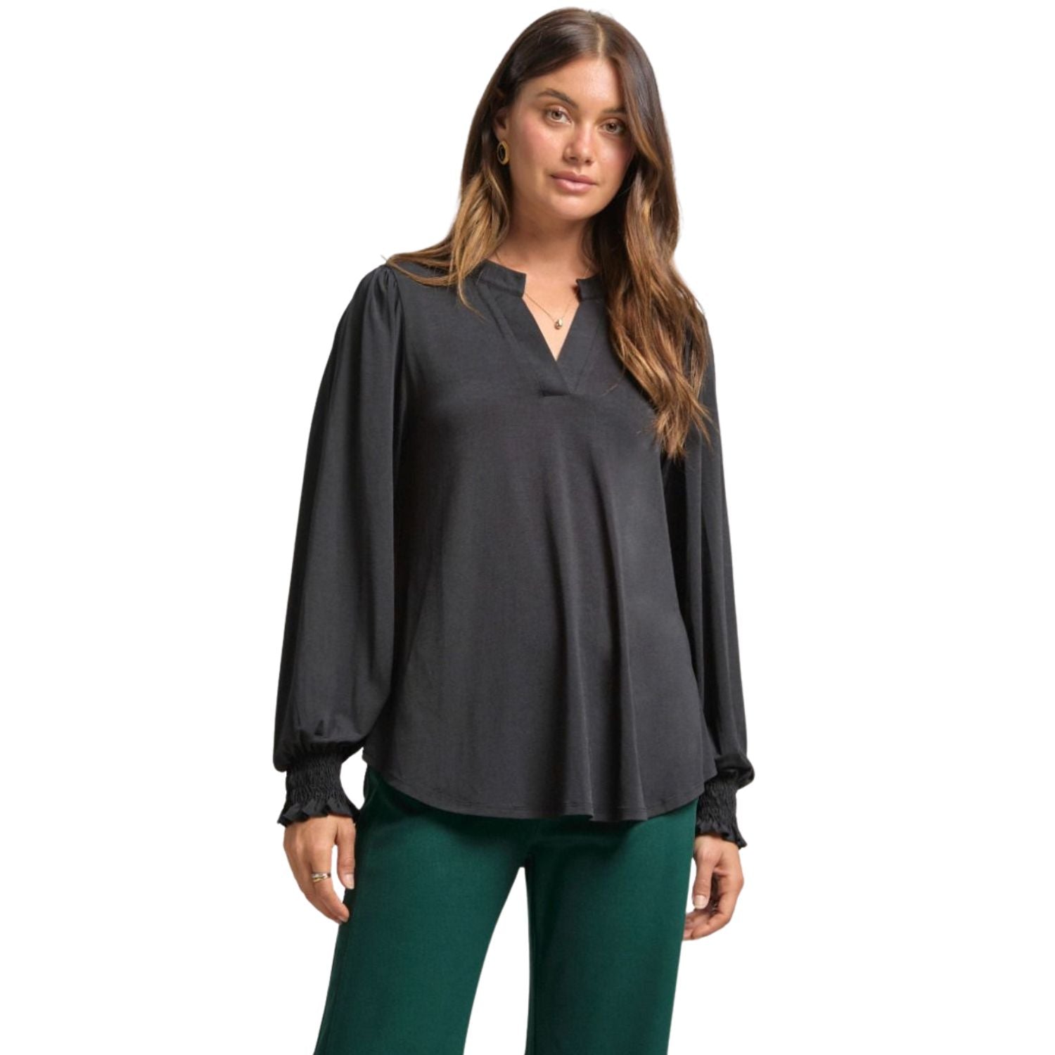 Dear Scarlett Womens Lizzy Smock Long Sleeve Top, Black