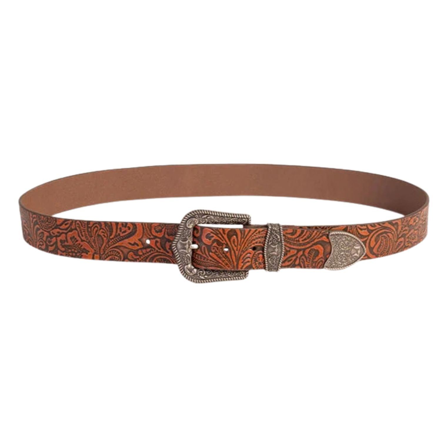Loyal West Womens Sophia Embossed Floral Leather Belt- Brown