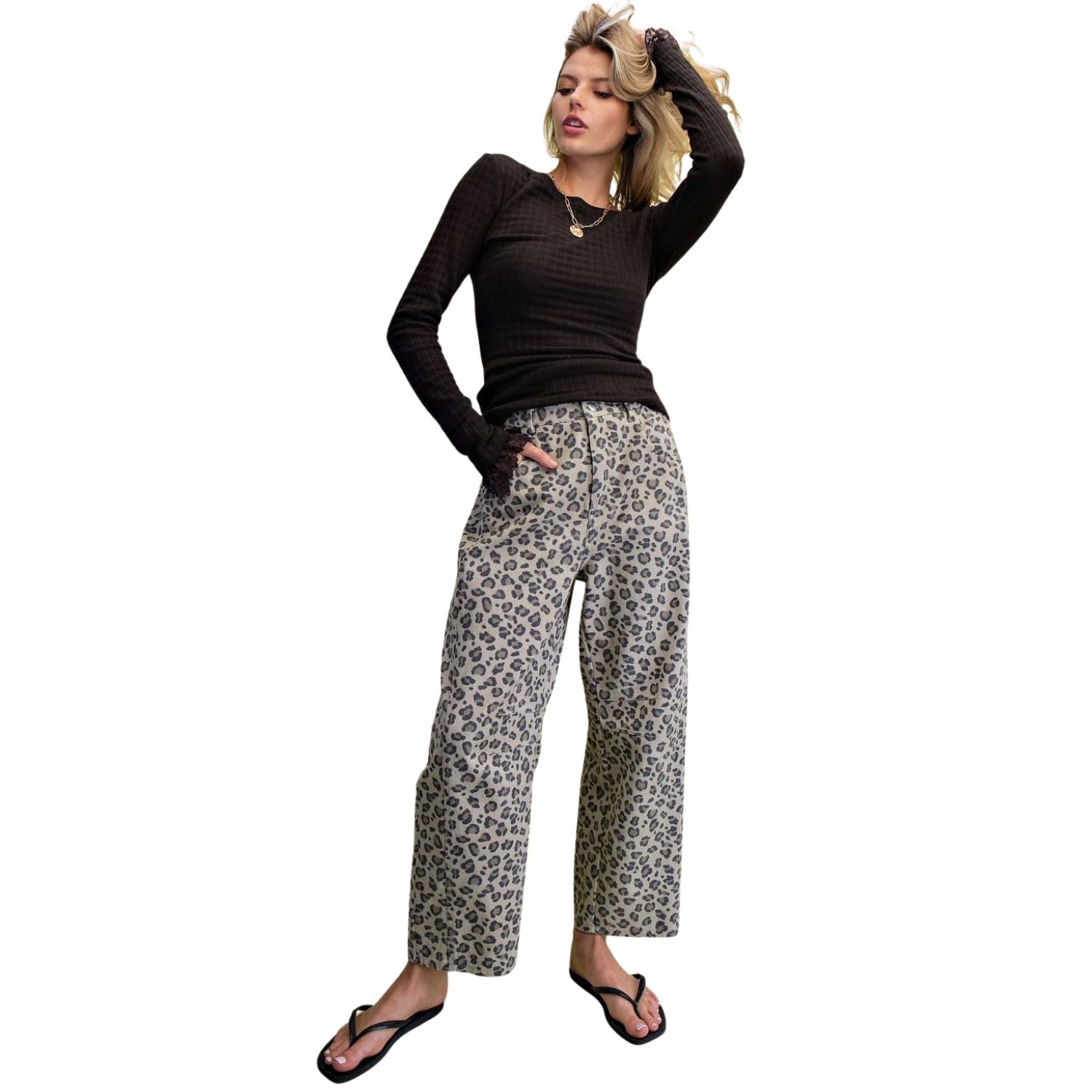 Easel Womens Animal Print Washed Twill Barrel Pants- Khaki Leopard