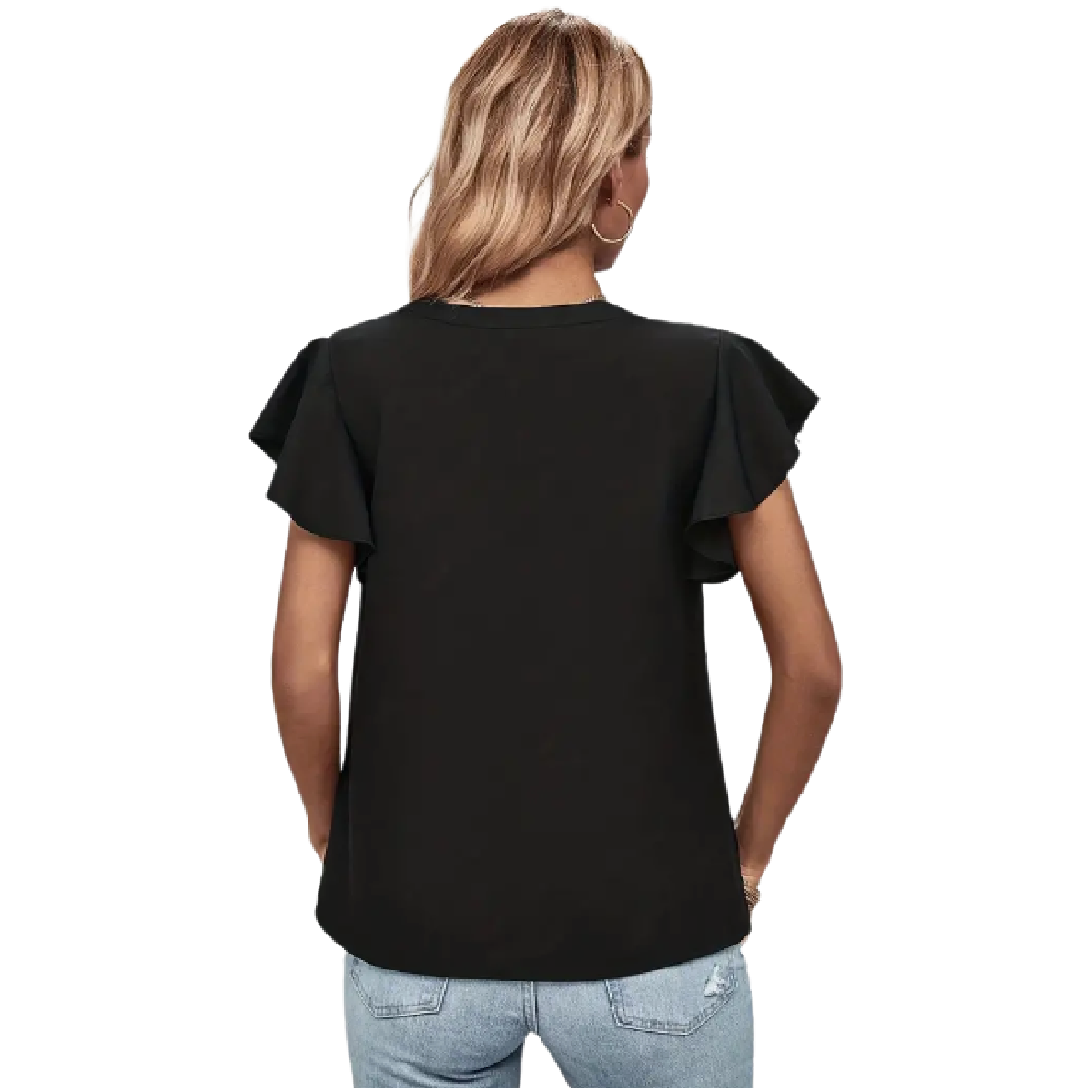 Women's Black Ruffle Sleeve Blouse with V-Neck