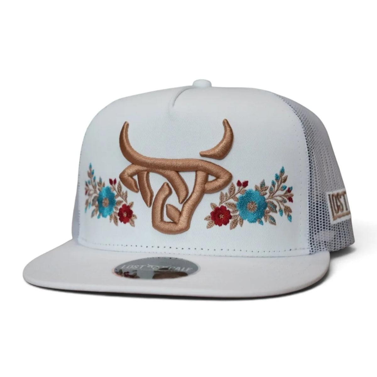 Lost Calf Golden Bloom Unisex Flat Bill Trucker Snapback Hat, White