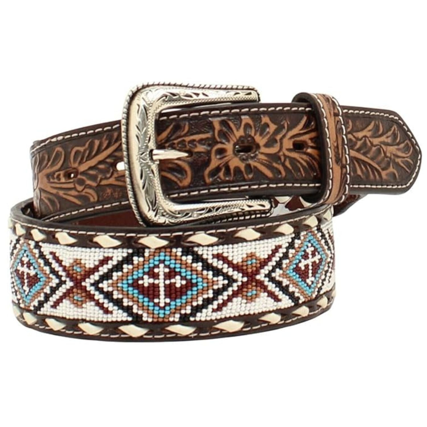 Nocona Men's Floral Tooled Buck Lacing Leather Belt
