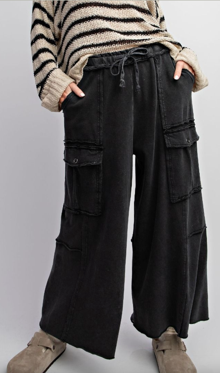 Easel Womens Utility Mineral Washed Wide Leg Terry Knit Cargo Pant, Black