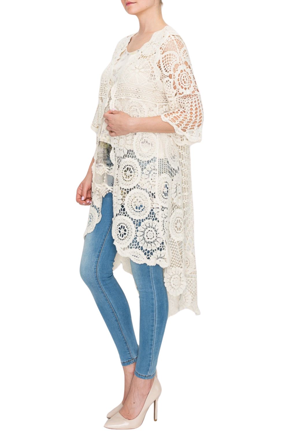 Origami Womens All Crochet High-Low Cardigan, Natural