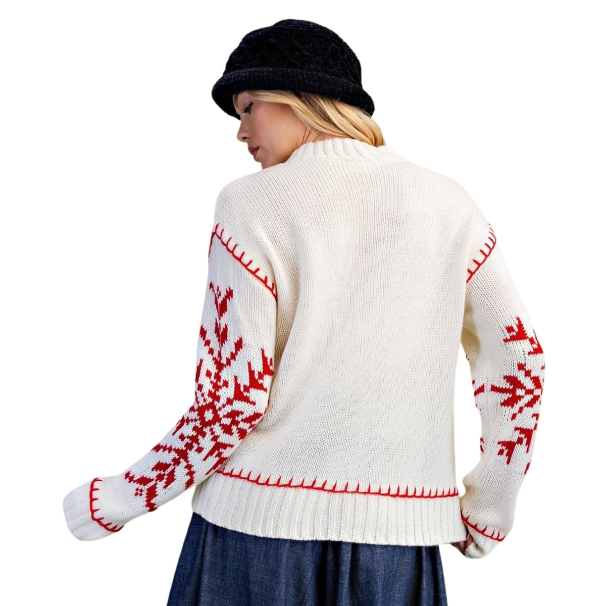 Easel Women's Holiday Snowflake Fair Isle Knit Mock Neck Sweater, Ivory