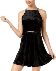 BCX Juniors' Belted Velvet Fit & Flare Dress, Black, Size 1 or 3