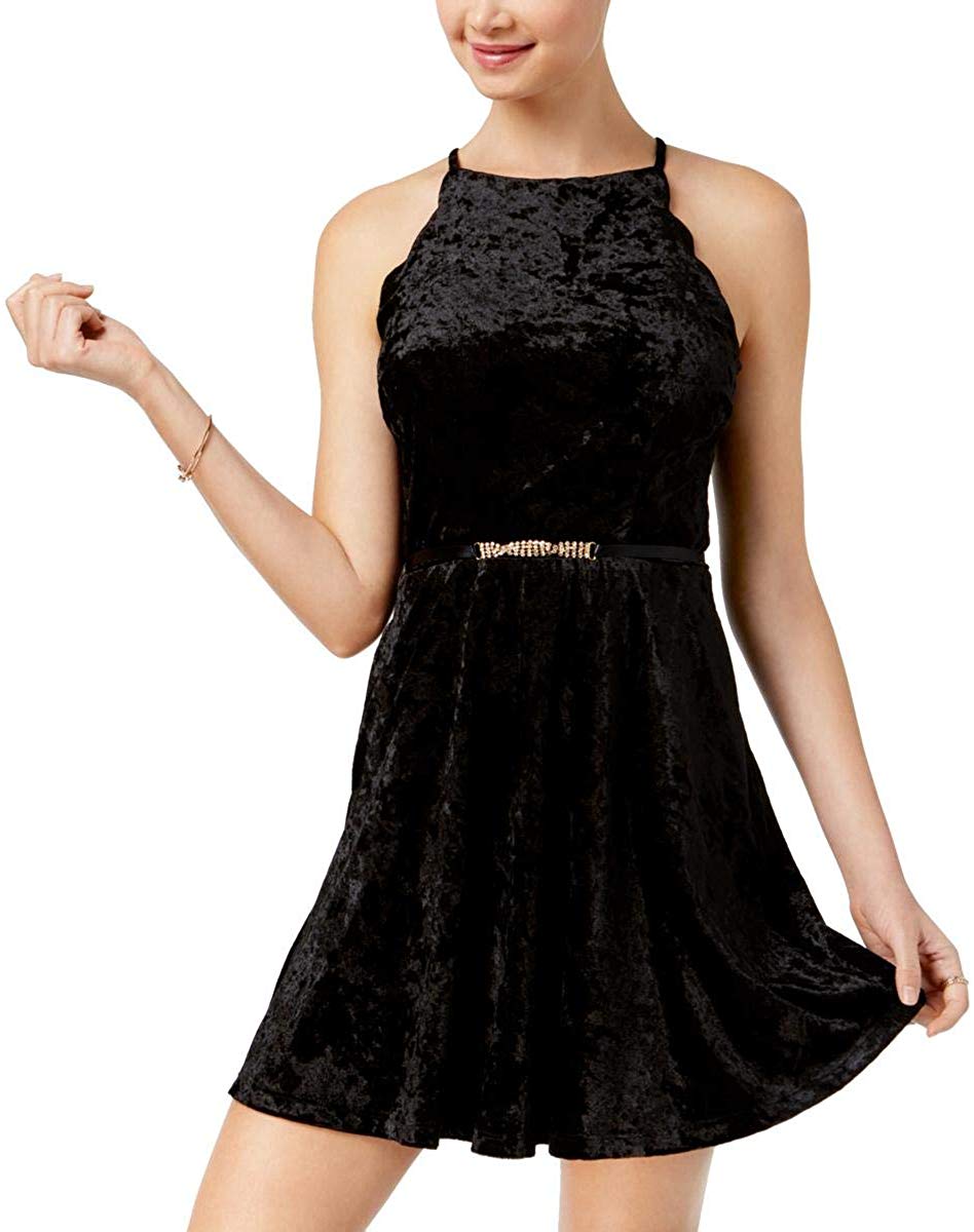 BCX Juniors' Belted Velvet Fit & Flare Dress, Black, Size 1 or 3
