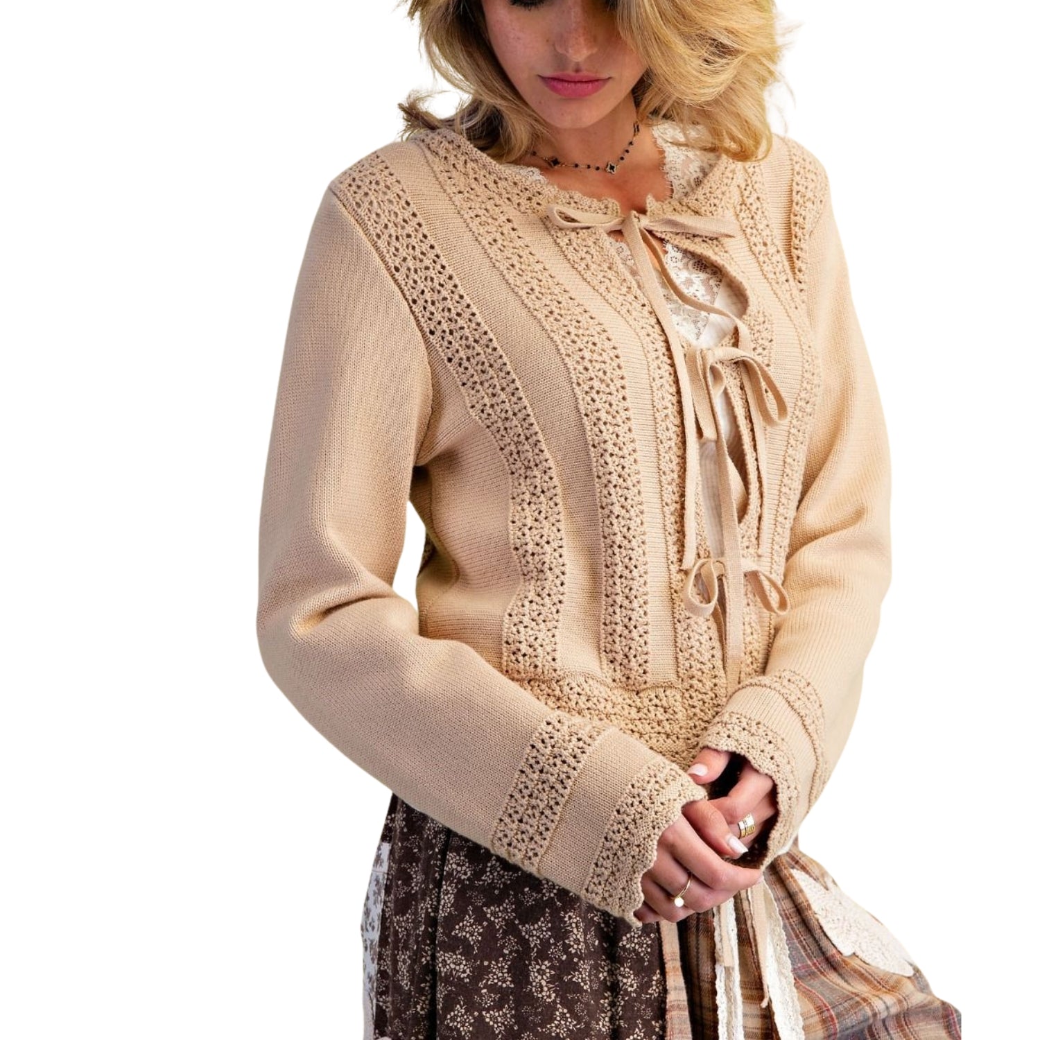 Easel Women's Crochet Trim Tie-Front Cotton Knit Cardigan Sweater, Natural