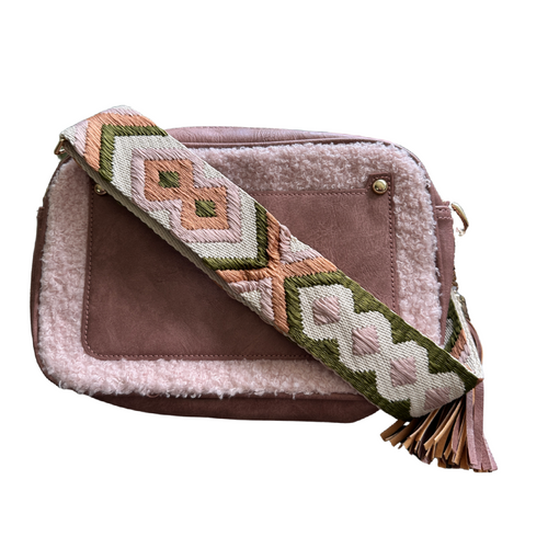 Pink Sherpa Purse with Adjustable Removable Crossbody Strap, Gold Hardware