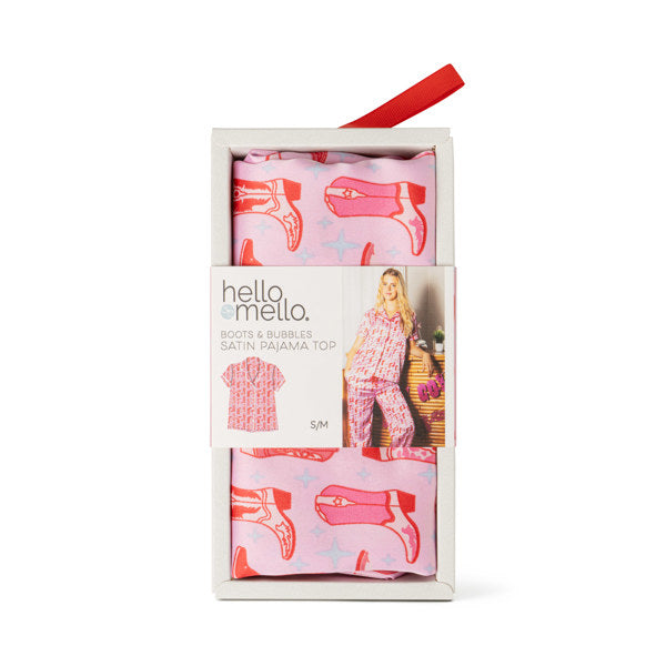 Hello Mello Womens Boots & Bubbles Satin Pajama Top