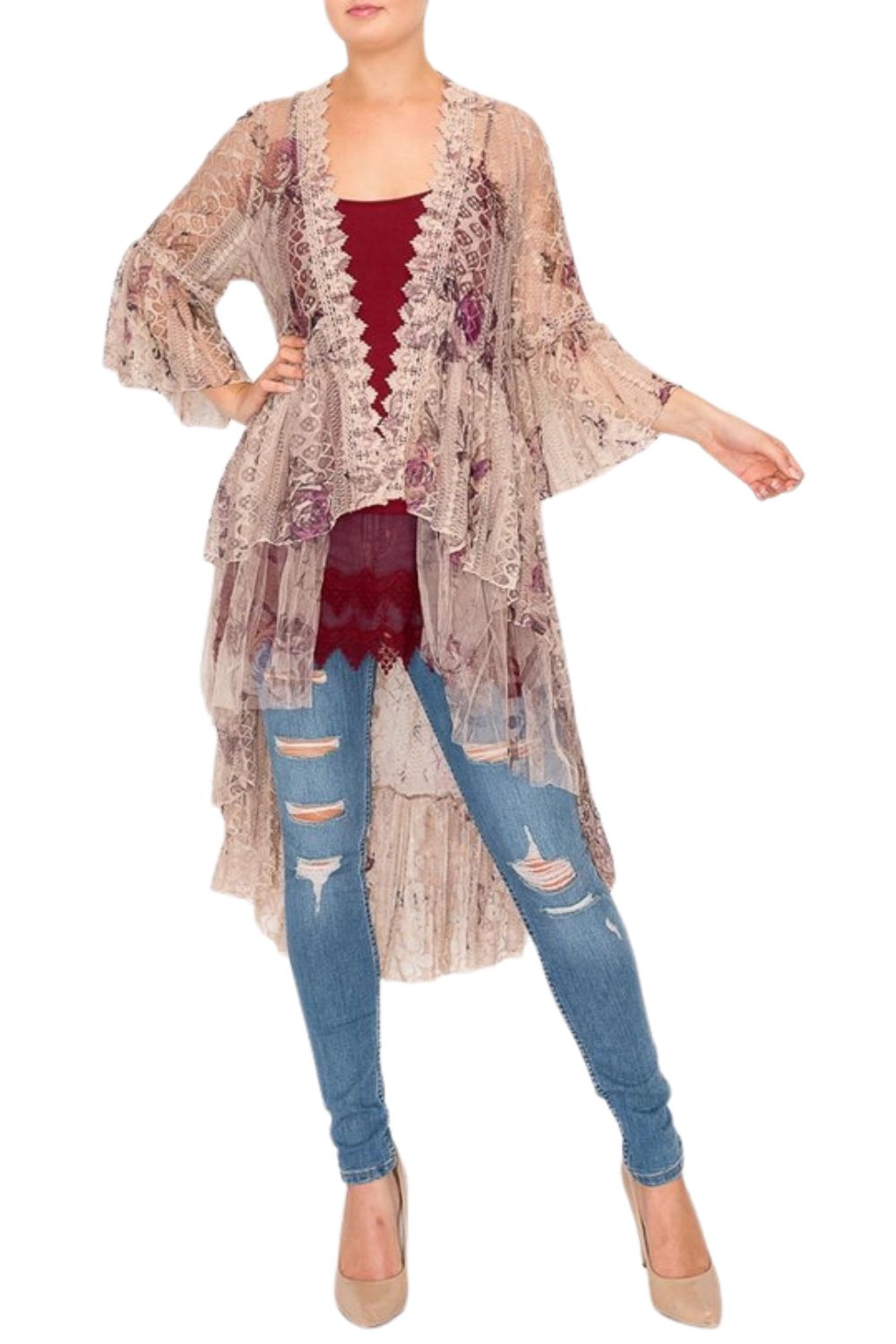 Origami Lace Western Vintage Bohemian Hi Lo Cardigan - Taupe 2 Rose Duster