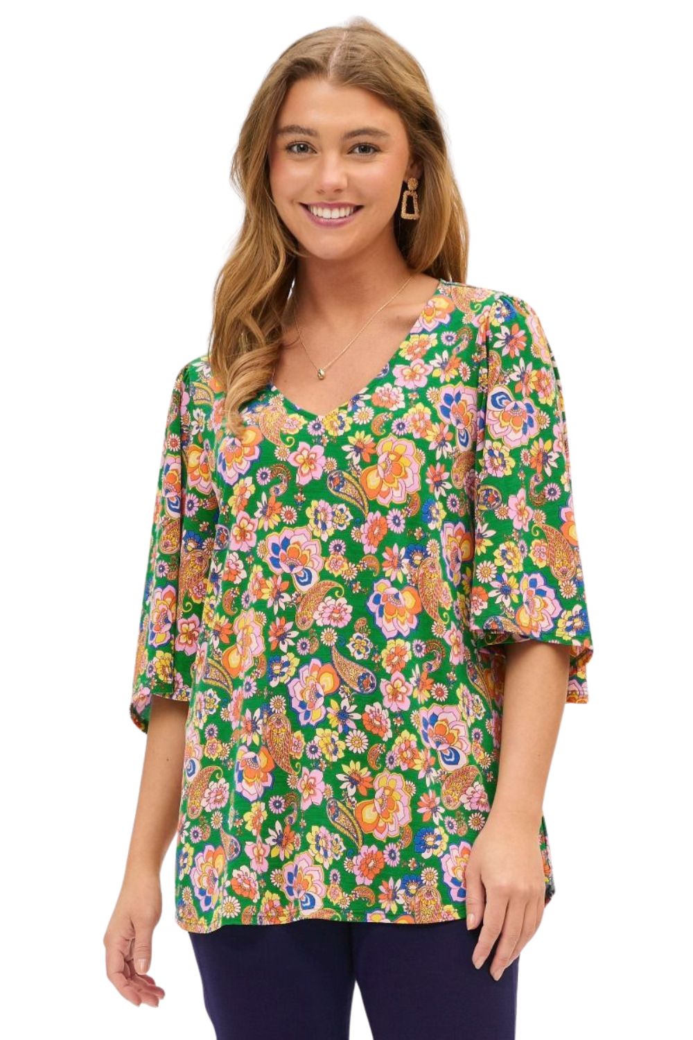 Dear Scarlett Womens V-Neck Half Sleeve Cali Blouse, Kelly Green