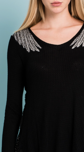 Vocal Womens Long Sleeve Shirt Black High Low Top with Wings