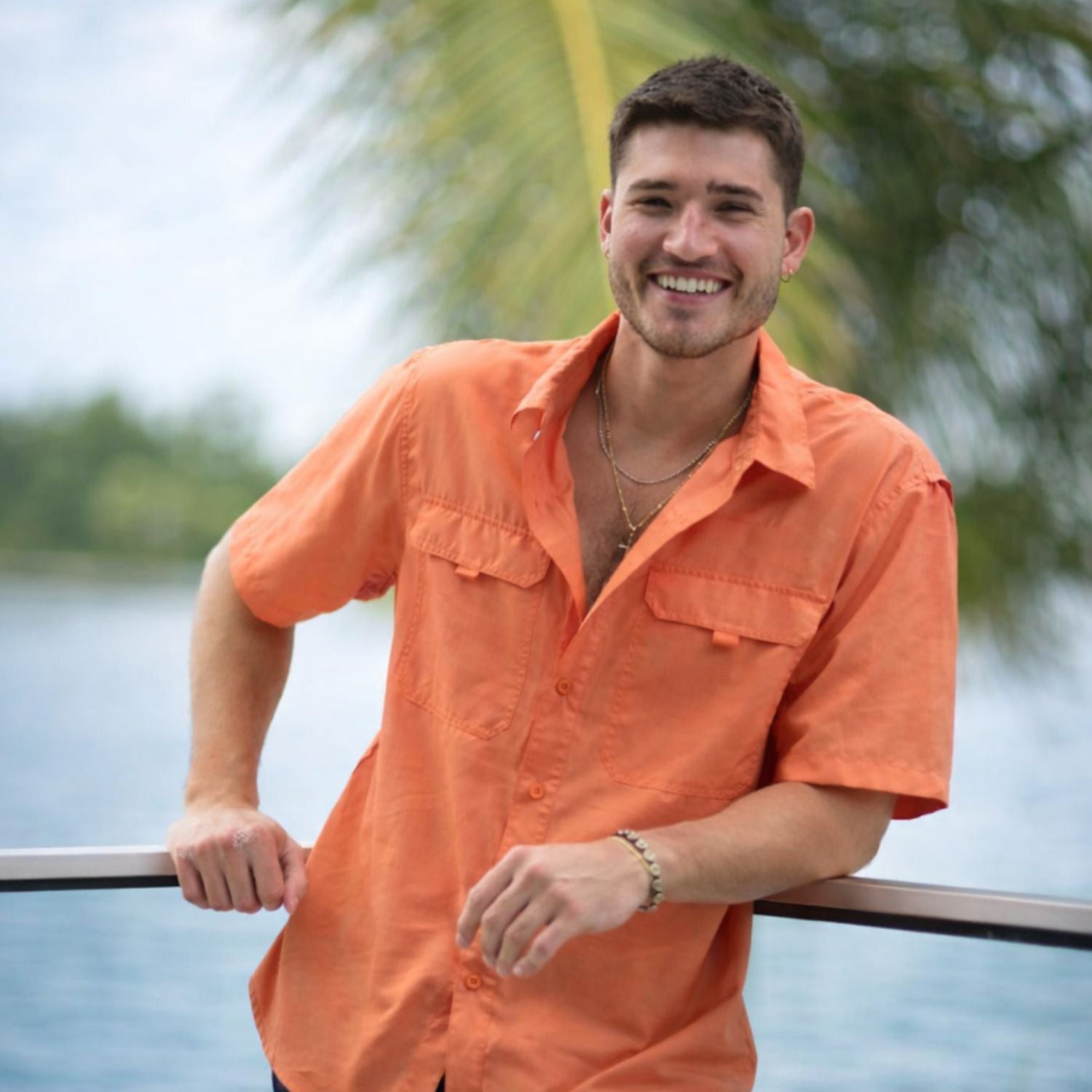 Heat Swimwear Mens Fisherman Short Sleeve Lightweight Button Front Shirt- Coral
