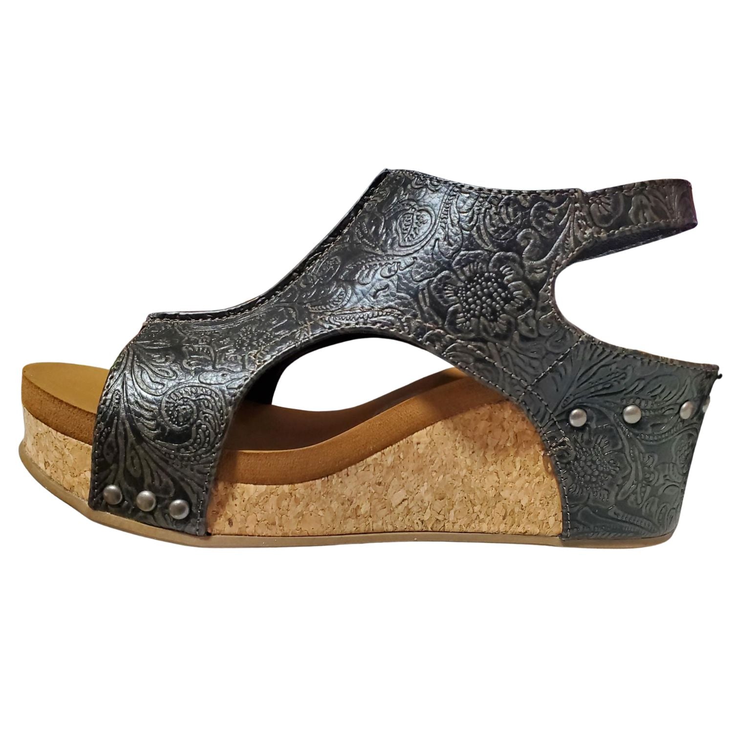 Very G Womens Isabella Tooled 2 Wedge Heel Platform Sandal, Charcoal