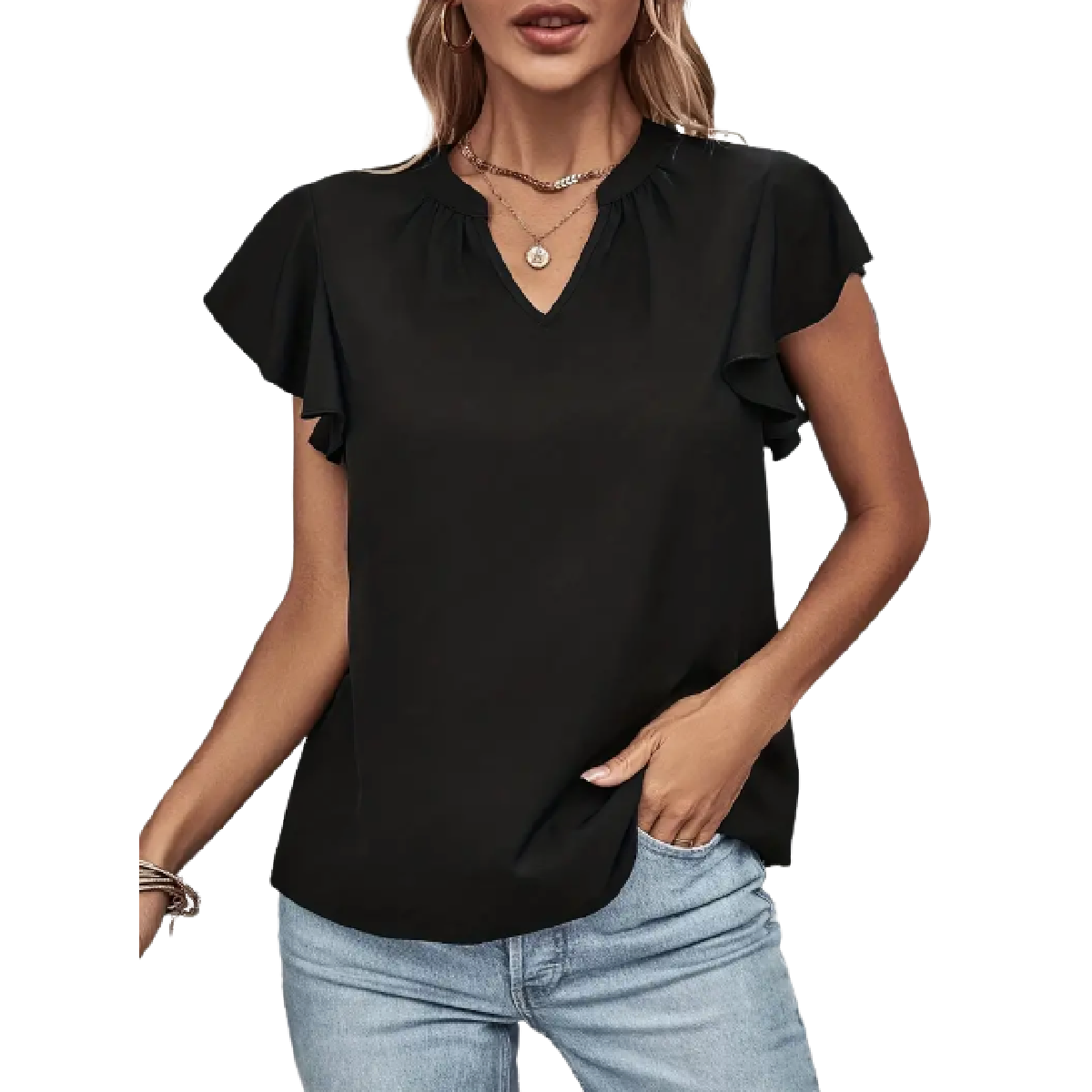 Women's Black Ruffle Sleeve Blouse with V-Neck