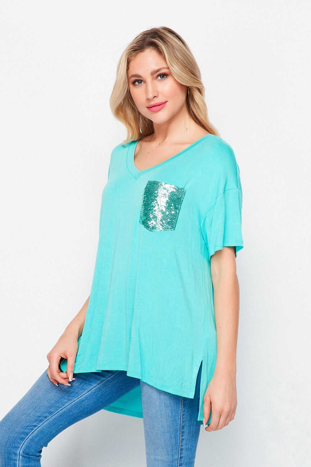 HoneyMe Womens Hi-Low Short Sleeve Pocket Tee Top