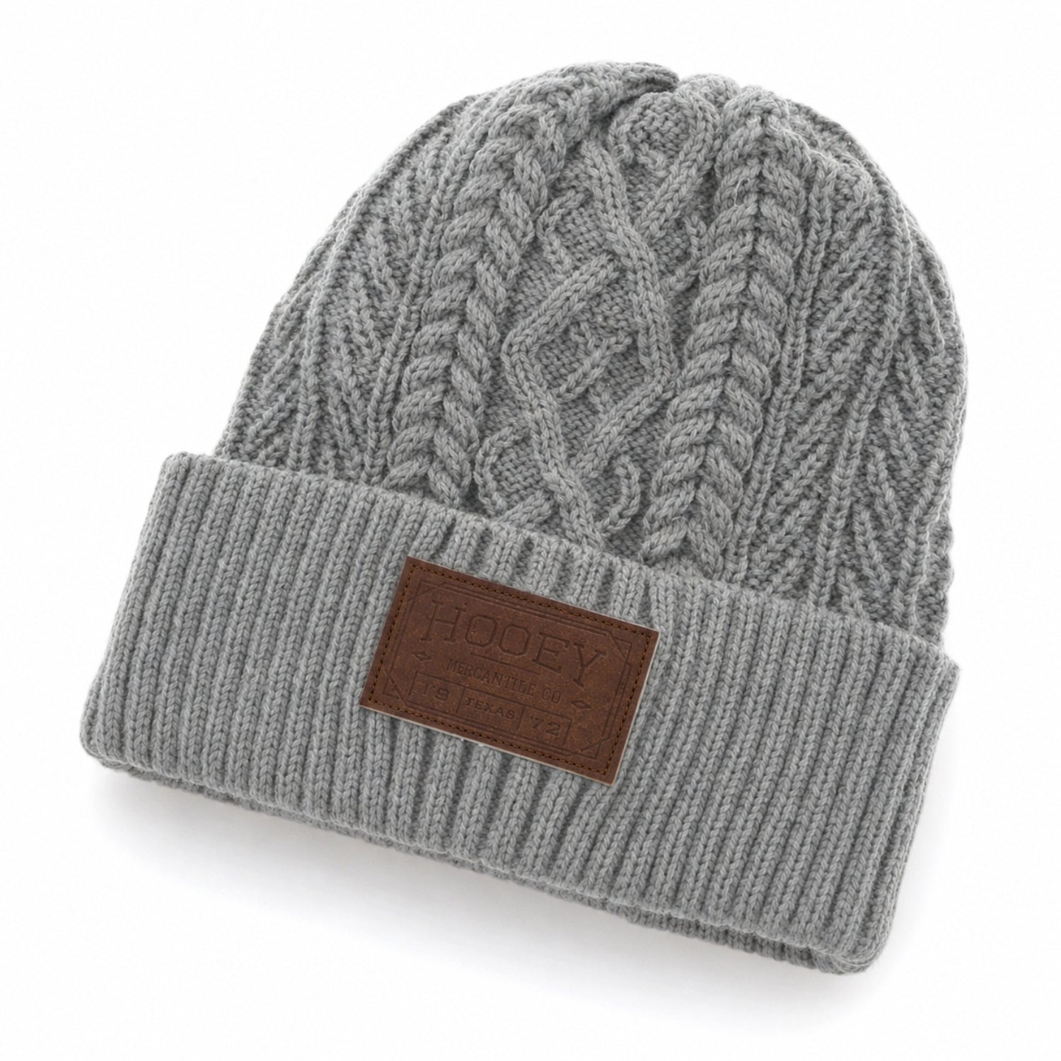 Hooey Women's Knitted Grey Beanie with Leather Logo Patch, Gray