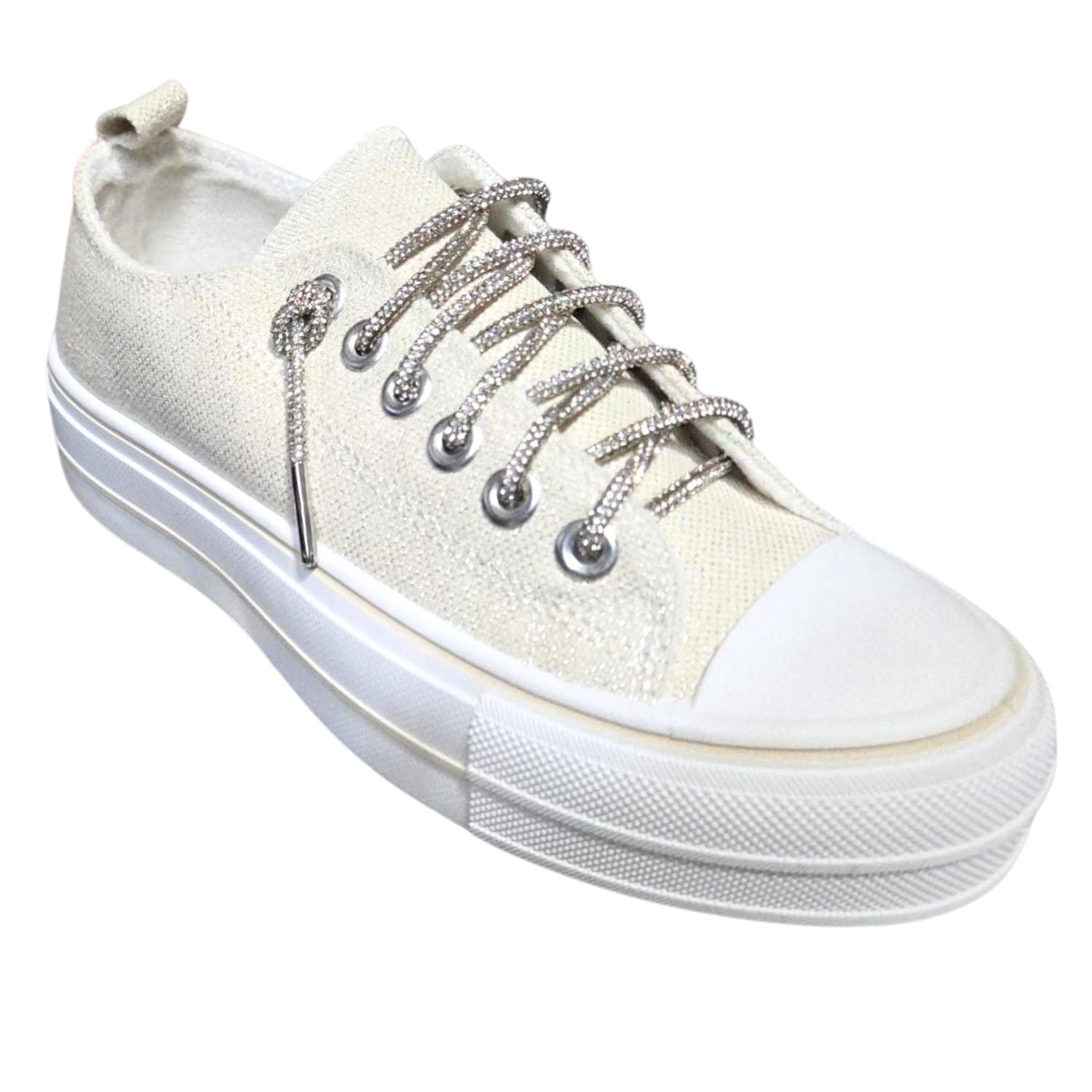 Very G Womens Harmon Sparkle Rhinestone Lace Up Canvas Platform Sneaker, Natural