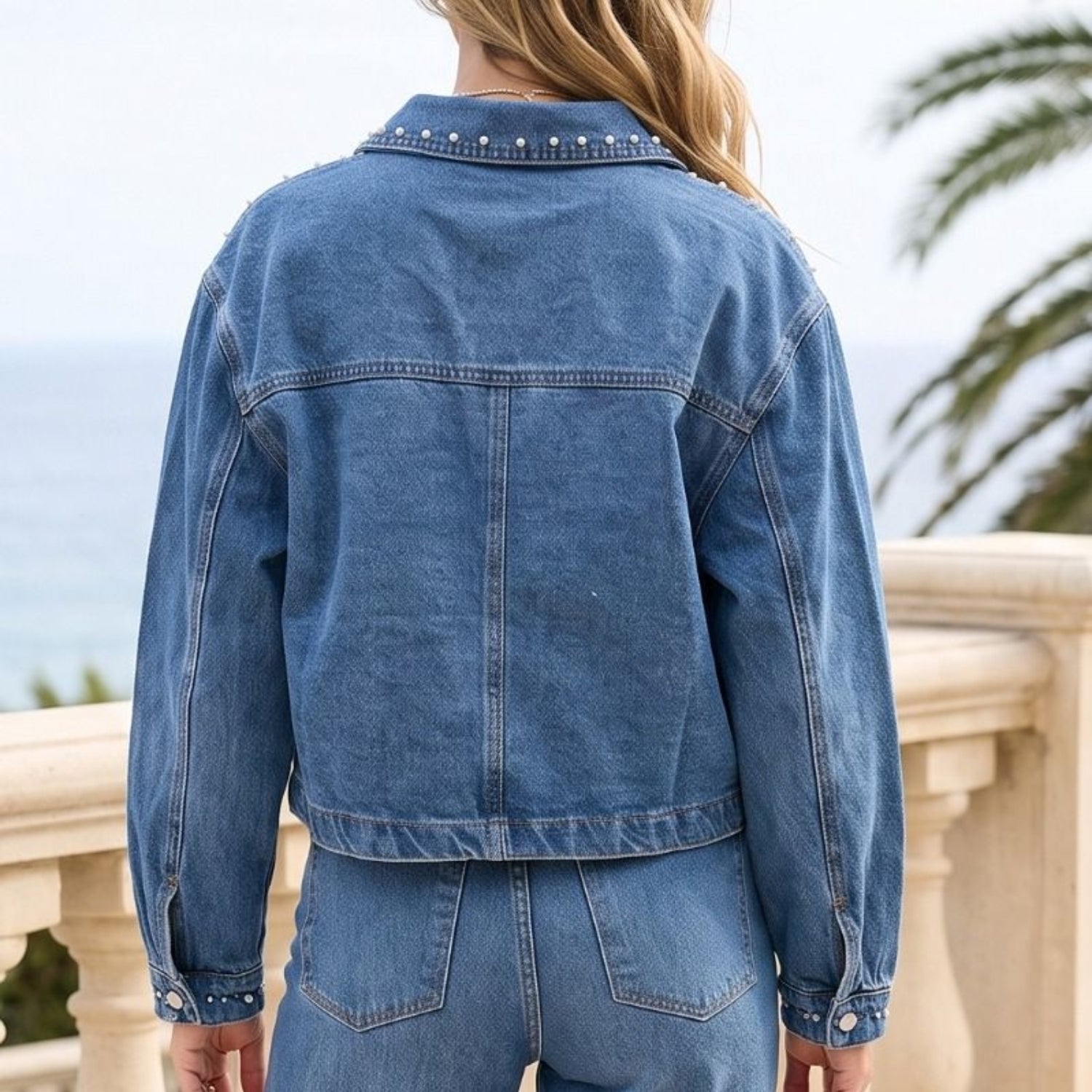 Coastal Canvas Women’s Pearl Embellished Cropped Jean Jacket