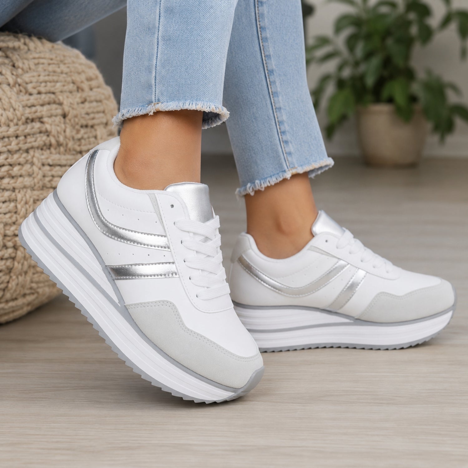 Outwoods Women's Brenna-2 White Platform Fashion Sneaker, Silver Combo