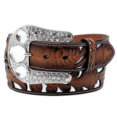 Angel Ranch Womens Floral Tooled OverlaySilver Underlay Leather Belt