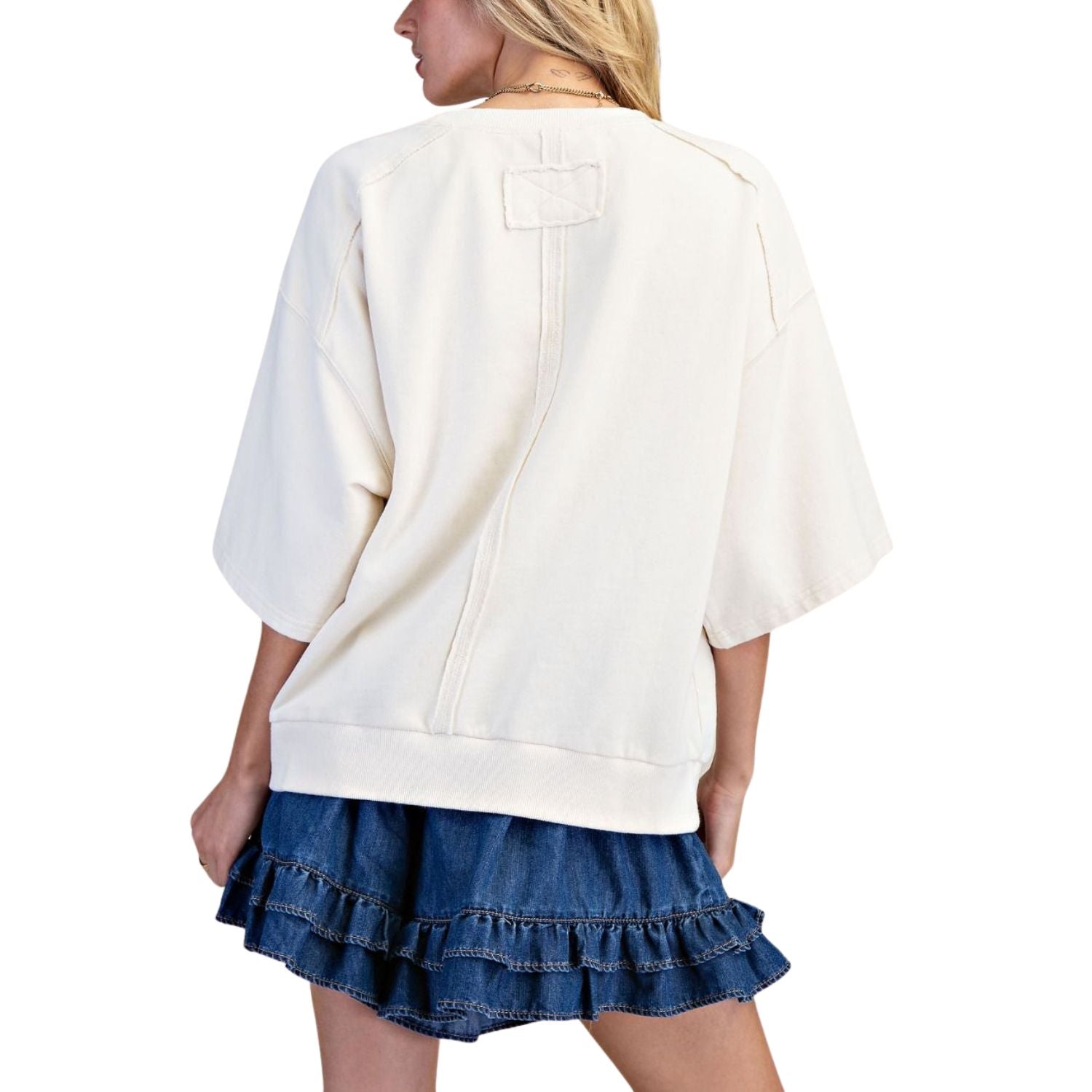 Easel Women American Flag Bow and Ruffle Washed Terry Oversized Shirt- Ivory