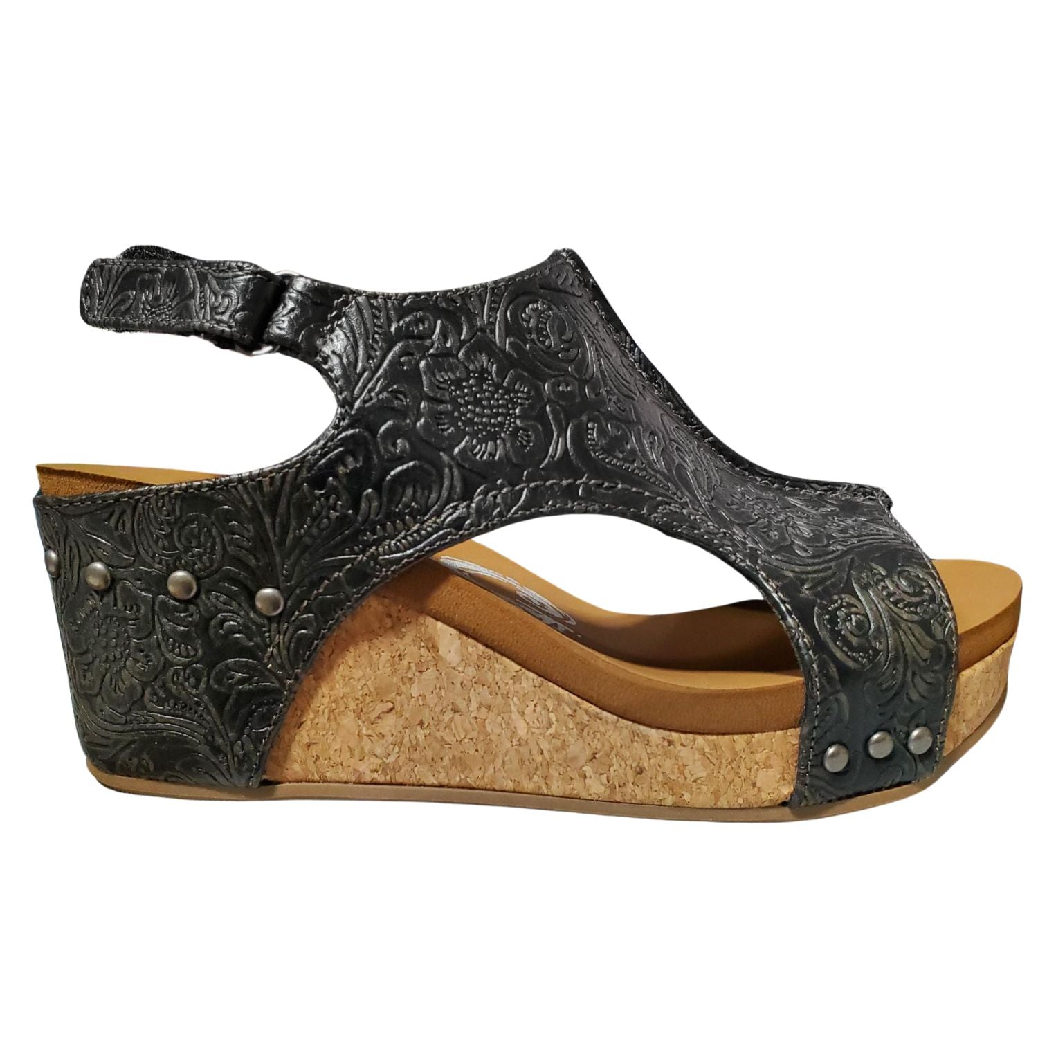 Very G Womens Isabella Tooled 2 Wedge Heel Platform Sandal, Charcoal