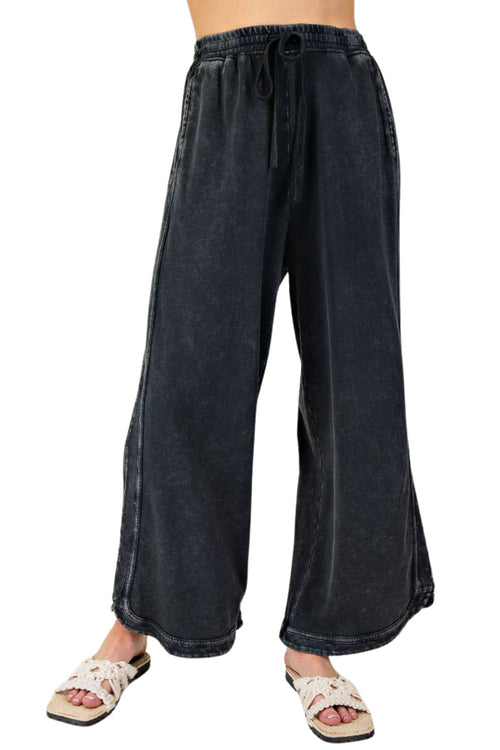 Easel Womens Mineral Washed Wide Leg Terry Knit Pant, Ash