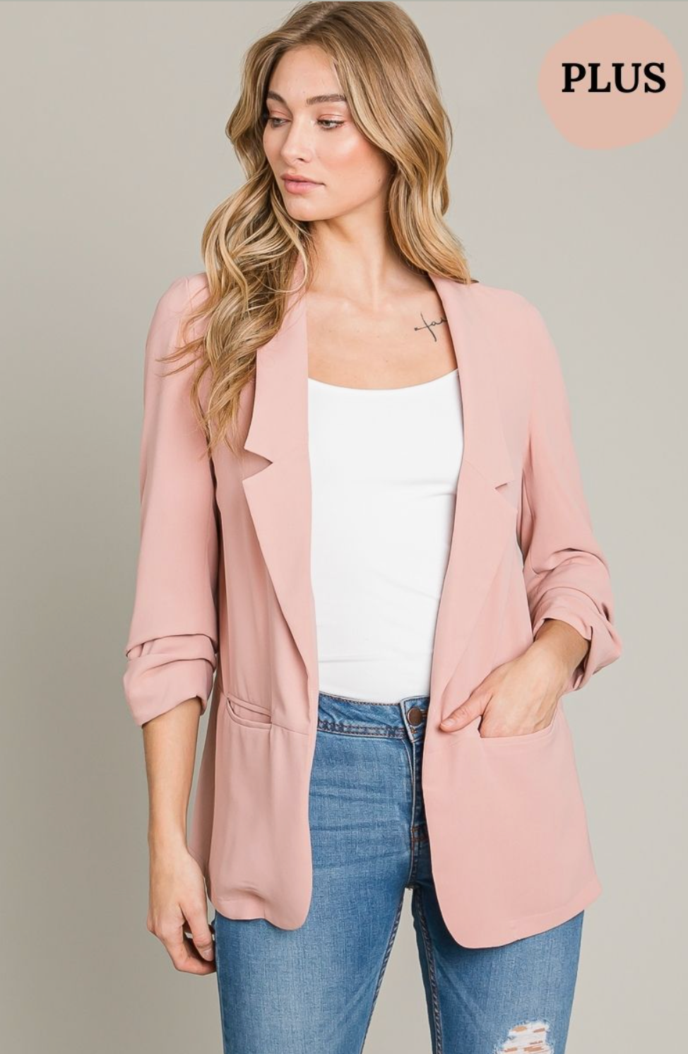 Heyson Women's Open Front Blazer, Rose Petal, 1X