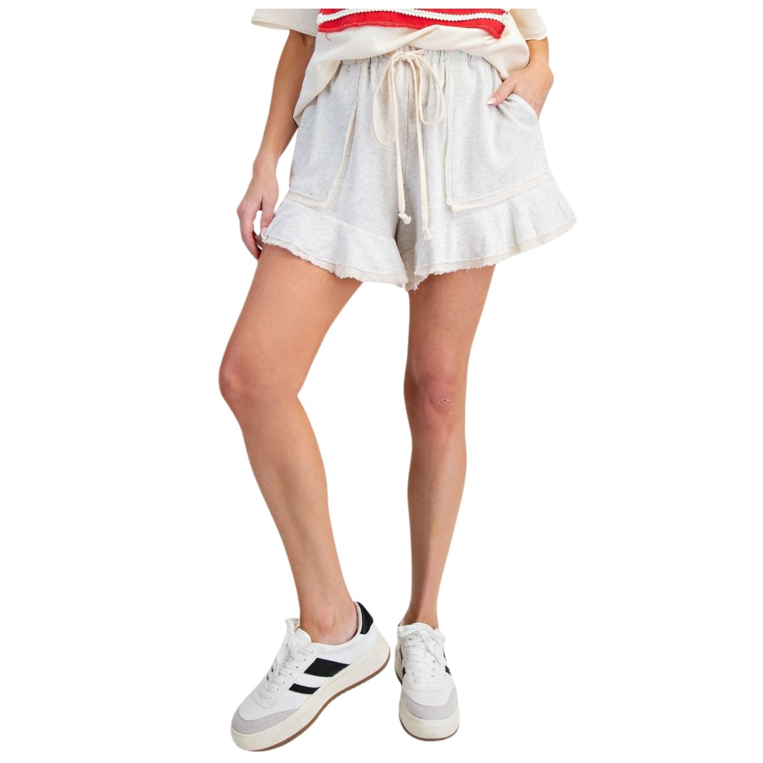 Easel Womens Ruffle Frill Raw Edge Washed Drawstring Shorts- Natural