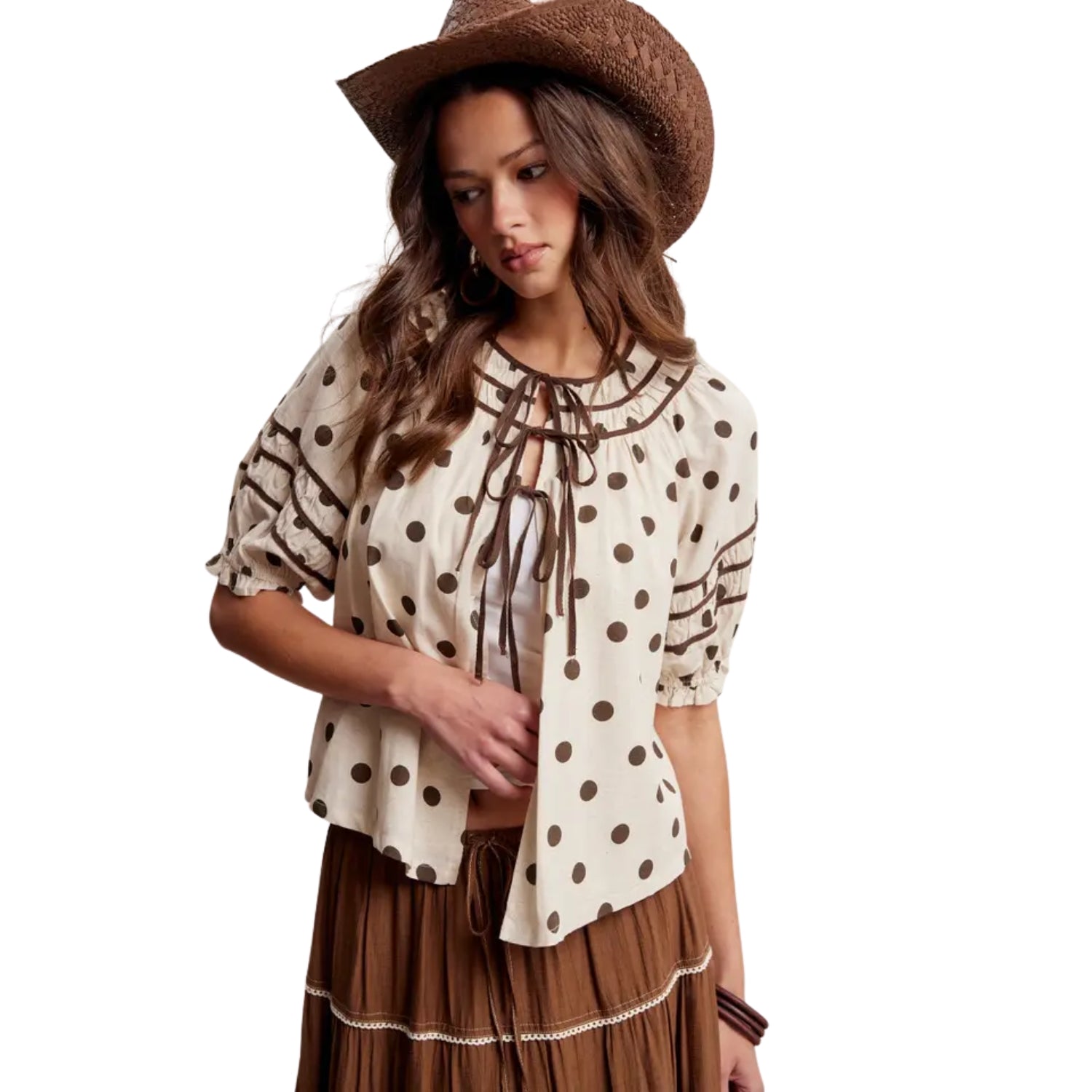 Listicle Women's Polka Dot Ruffle Trim Tie Front Puff Sleeve Blouse, Brown