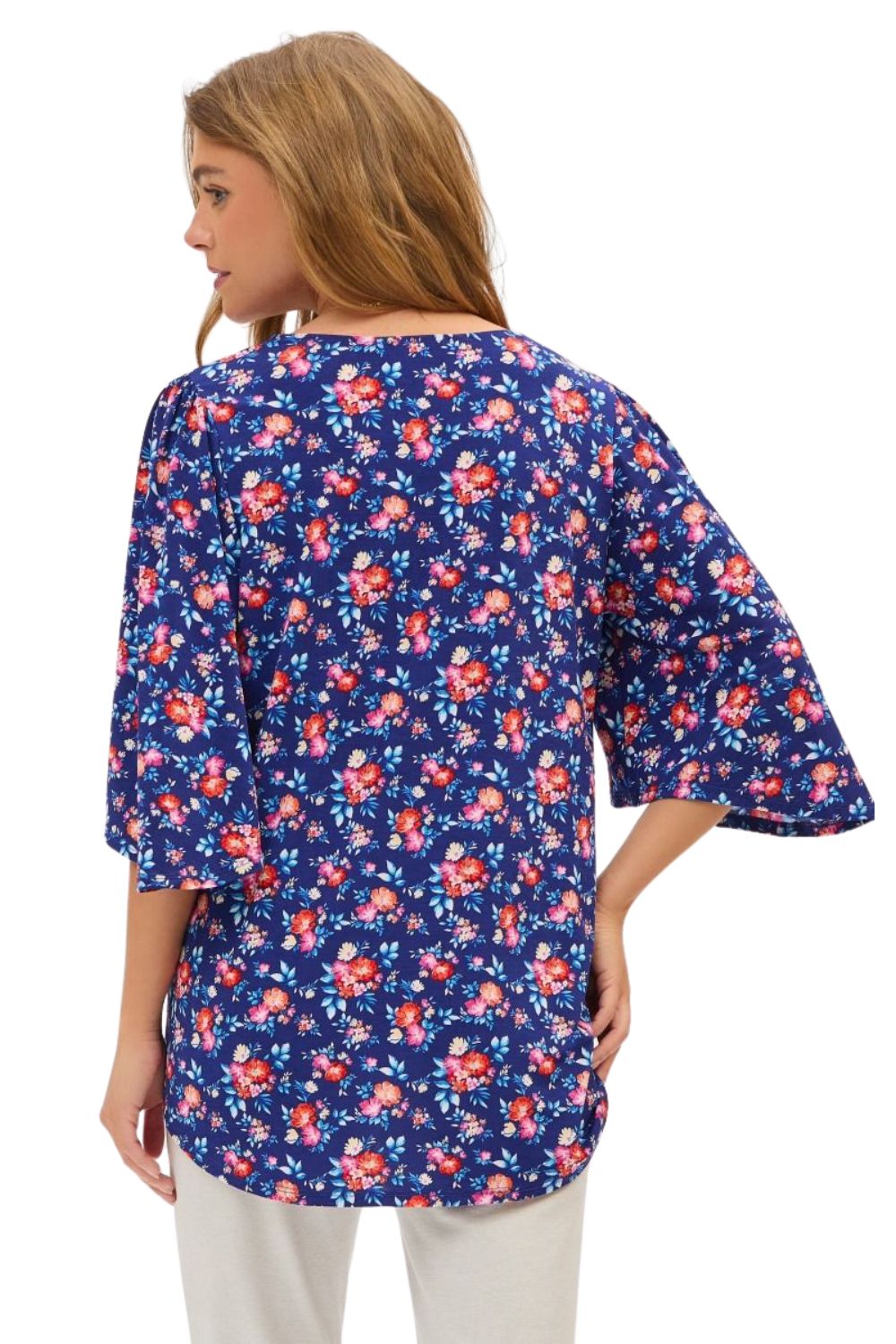 Dear Scarlett Womens V-Neck Half Sleeve Cali Blouse, Navy