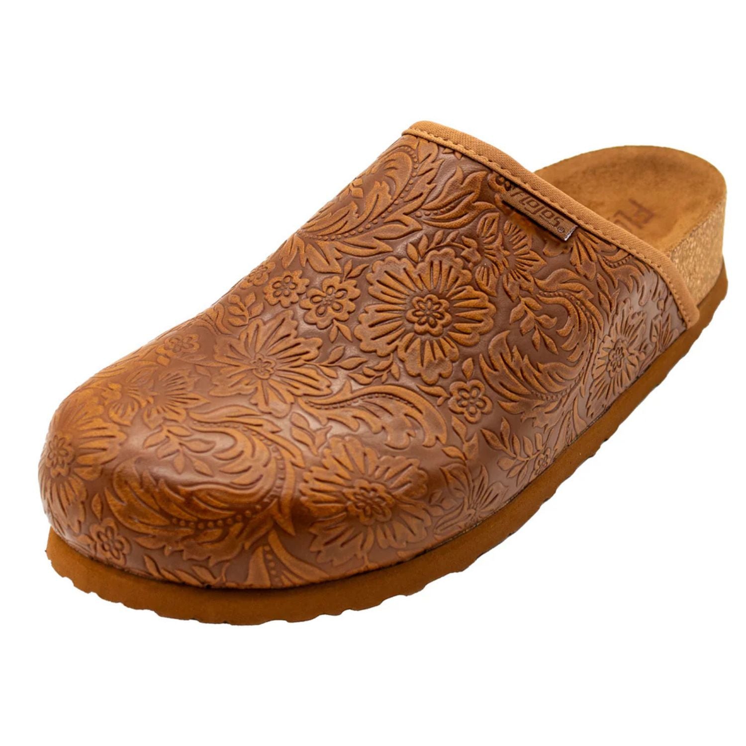 Flojos Womens Sofia Floral Tooled Slip On Mule Clog, Tan Artisan