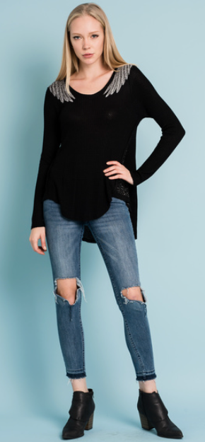 Vocal Womens Long Sleeve Shirt Black High Low Top with Wings