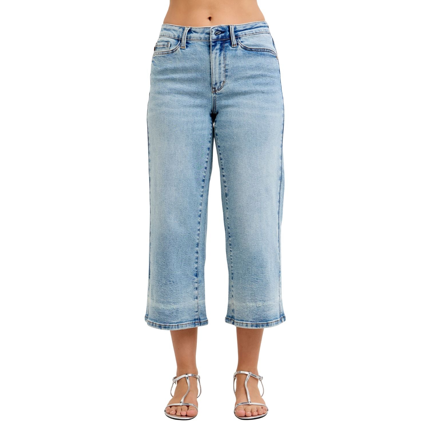 Judy Blue Womens Mid Rise Wide Crop Leg Jeans