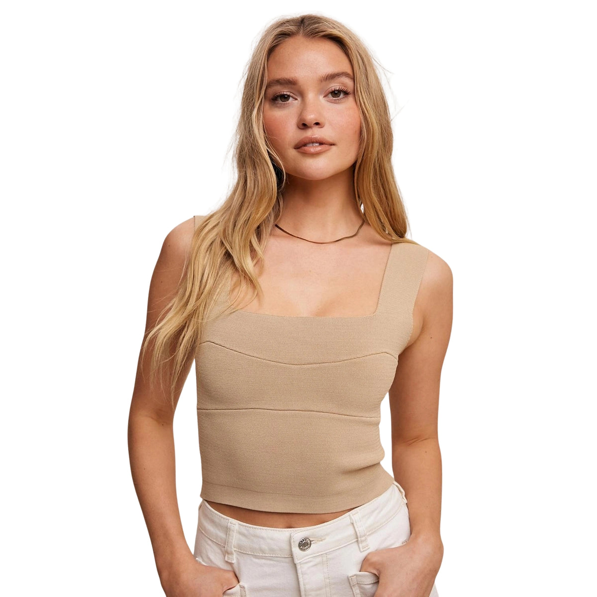 Listicle Women's Square Neck Bandage Knit Cropped Brami Top, Taupe